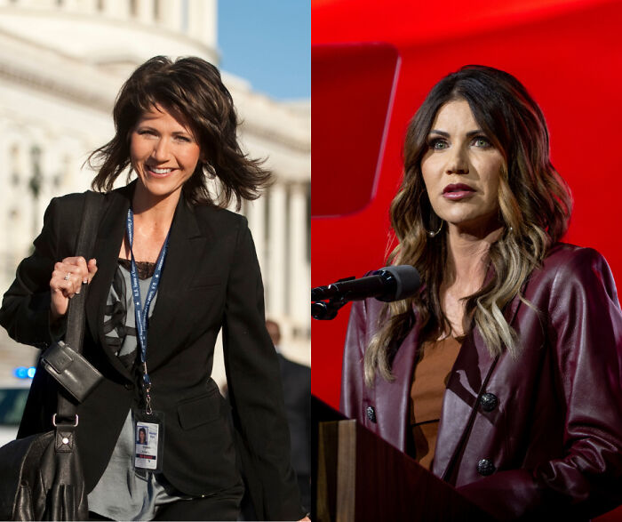 Two MAGA stars pictured separately, one outdoors near Capitol, the other speaking at a podium with a red backdrop.