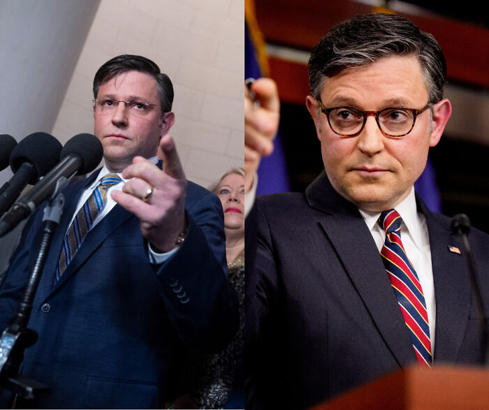 Two MAGA stars speaking at separate events, wearing suits and ties, captured during political press conferences in 2026.