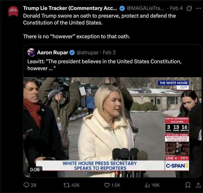 Karoline Leavitt speaking to reporters outside the White House, causing concern with her controversial one word comment.