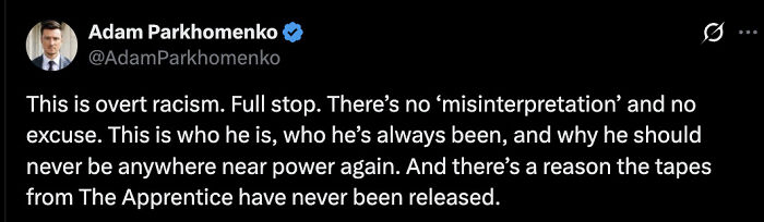 Tweet by Adam Parkhomenko condemning overt racism in a video posted by Trump depicting Barack and Michelle Obama as apes.