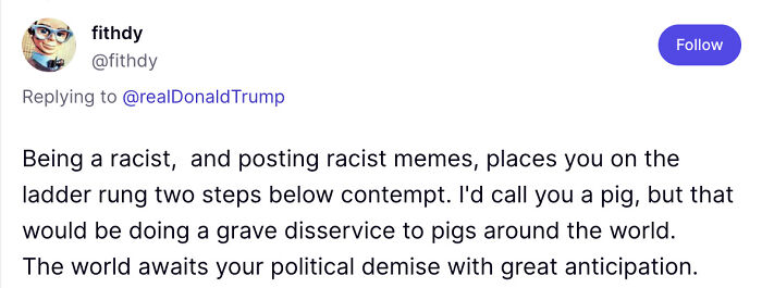 Screenshot of a Twitter reply condemning racist behavior and memes posted by Trump depicting Barack and Michelle Obama as apes.
