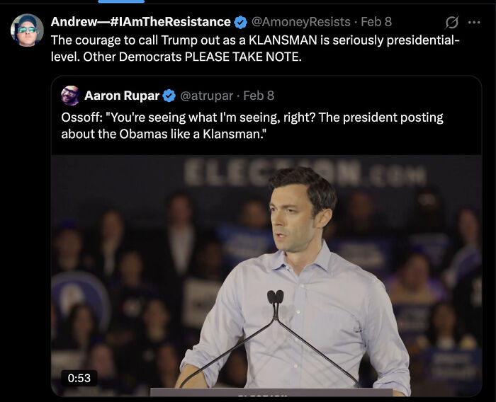 Young senator making a scathing Trump comparison in a speech with people urging him to run for president in a crowded venue.