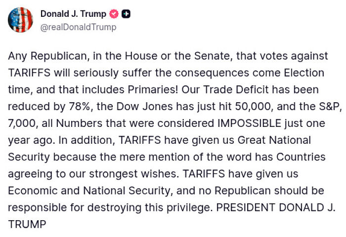 Screenshot of a tweet from Donald J. Trump warning GOP members on consequences of voting against Canada tariffs.