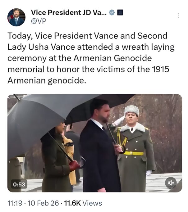 Vice President JD Vance attending Armenian Genocide memorial wreath ceremony, post deleted within an hour controversy.