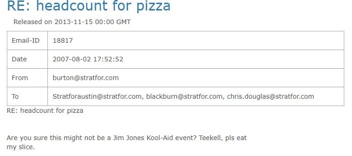 Email screenshot showing a discussion about headcount for pizza in the latest Epstein file dump.