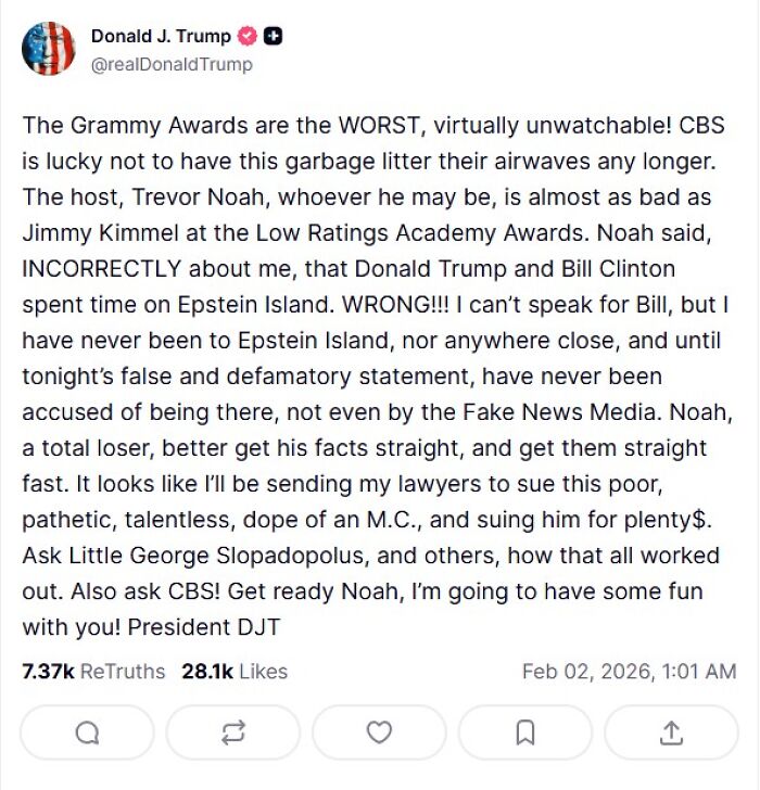 Screenshot of Donald Trump&rsquo;s social media post threatening to sue Trevor Noah over Epstein jokes and denying accusations.