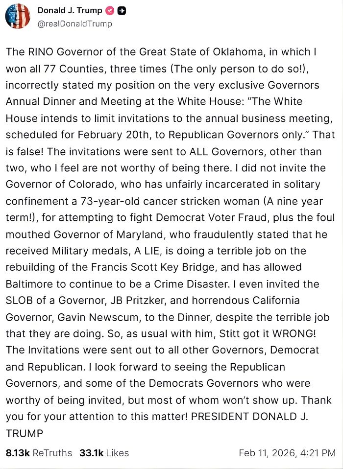 Donald Trump criticizing a RINO governor in a Republican dispute over a bipartisan White House dinner invitation.