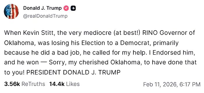 Screenshot of a social media post by Donald Trump criticizing a RINO Governor in a dispute over bipartisan White House dinner.