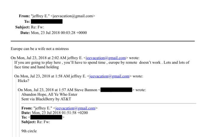 Email exchange involving Steve Bannon with mentions of Epstein ties sparking backlash from MAGA influencers.