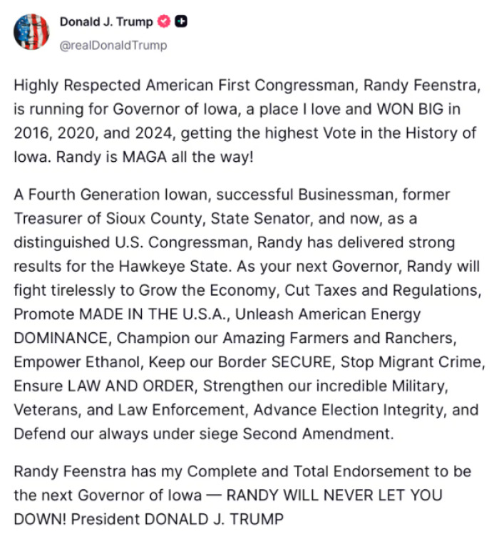 Tweet endorsing Randy Feenstra in Trump election defeat context Tweet endorsing Randy Feenstra in Trump election defeat context