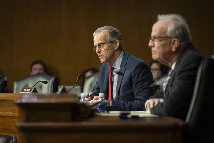 Senate Majority Leader John Thune speaking during Senate hearing on funding decision