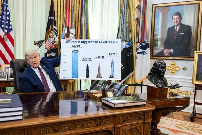Donald Trump holding chart about Freedom 250 concert rally in Oval Office