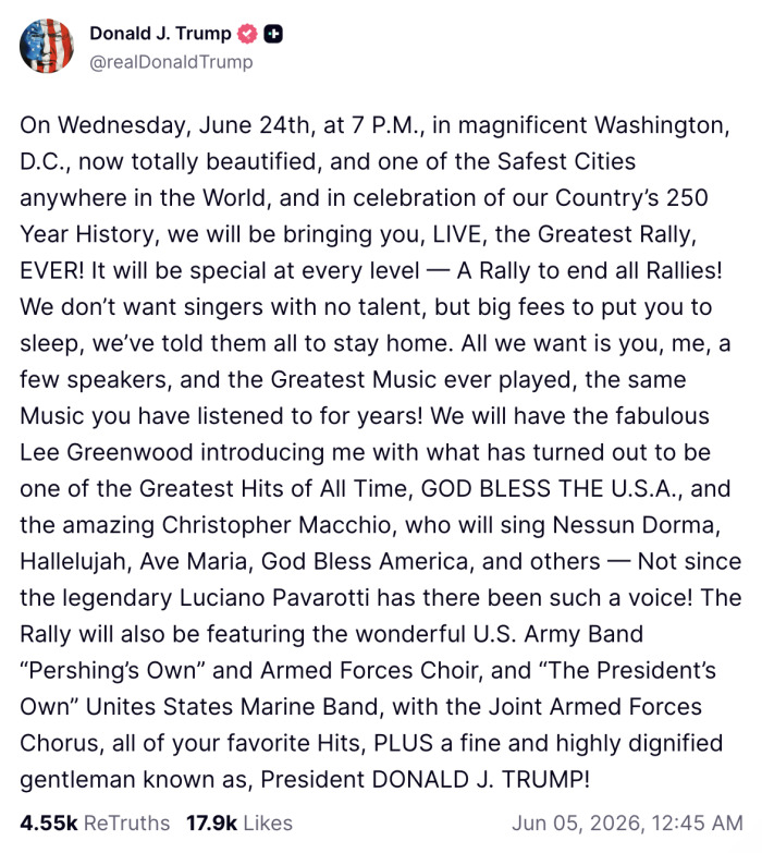 Donald Trump's tweet announcing Freedom 250 concert rally event
