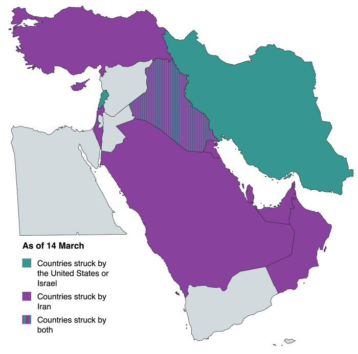Simplified map of the 2026 Iran War showing countries struck by US Israel and Iran