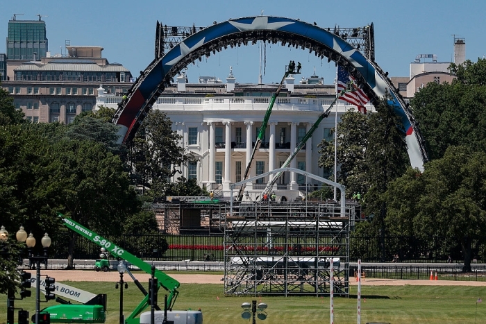 Construction setup on White House lawn preparing UFC event infrastructure