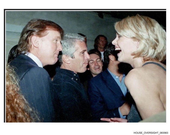Donald Trump and Jeffrey Epstein in a crowded social gathering