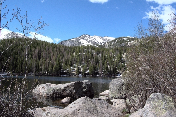 Scenic view of Bear Lake in Rocky Mountain National Park with mountains and trees Scenic view of Bear Lake in Rocky Mountain National Park with mountains and trees