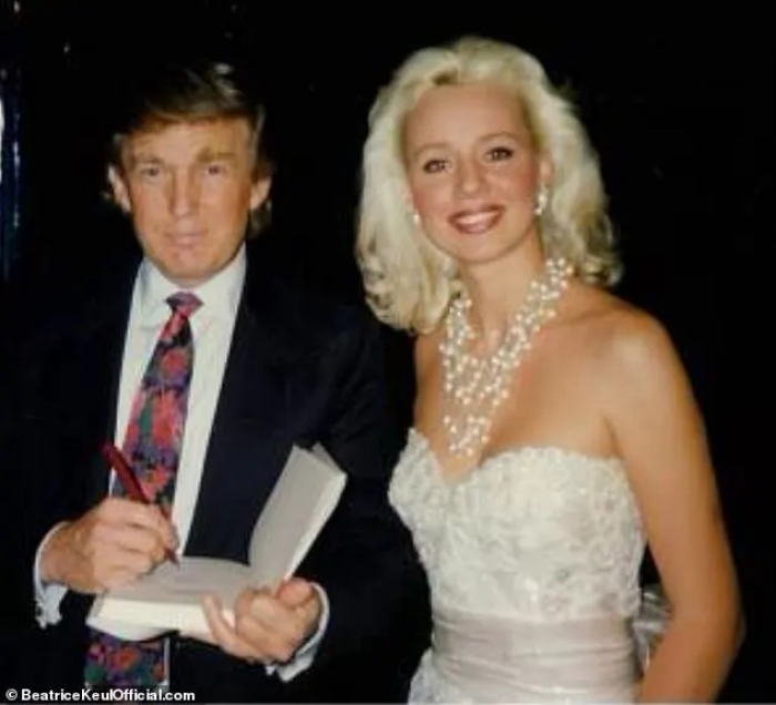 Donald Trump signing an autograph next to a smiling beauty queen, central to the alleged a*****t story.
