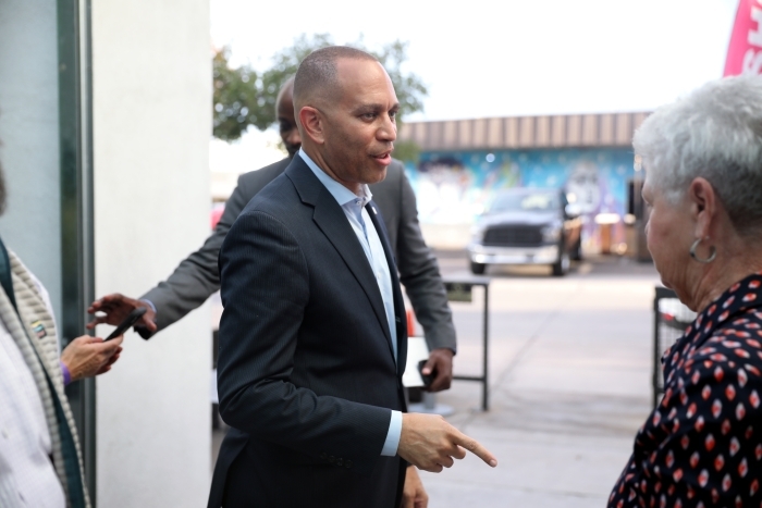 House Minority Leader Hakeem Jeffries speaking with supporters at a vice presidential debate watch party at Yumbar in Phoenix, Arizona. Please attribute to Gage Skidmore if used elsewhere.