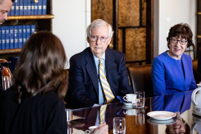 Senators Mitch McConnell and Susan Collins discussing the House GOP defense plan. Senators Mitch McConnell and Susan Collins discussing the House GOP defense plan.