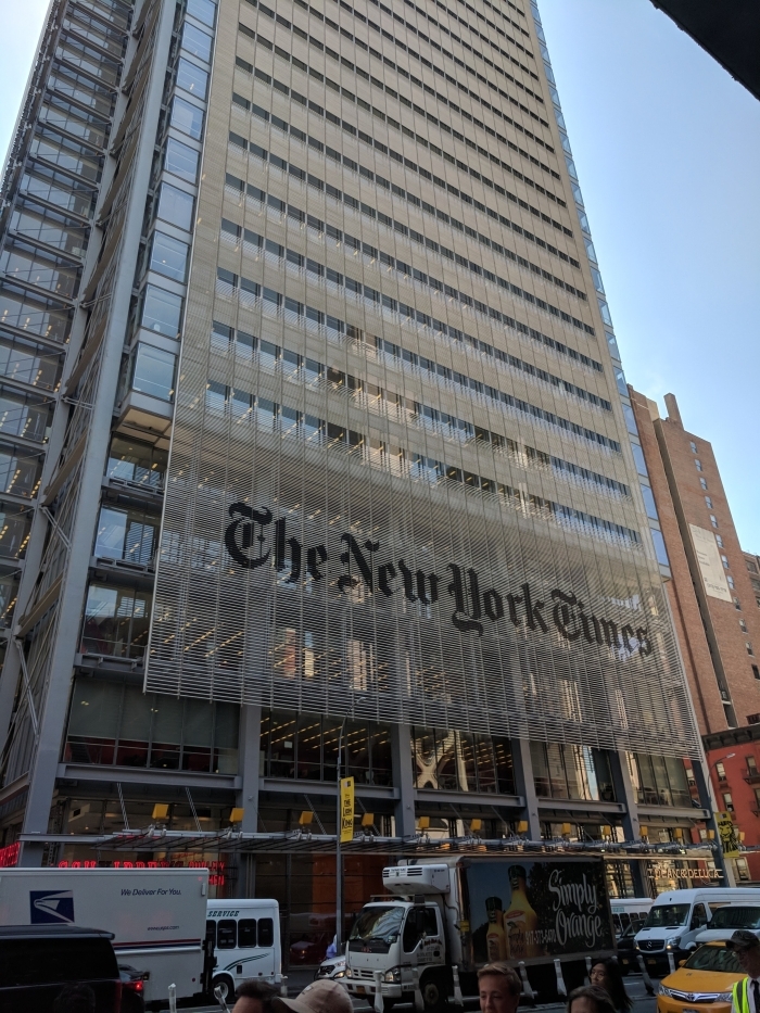 The New York Times skyscraper, not related to Trump's Qatari Jet defense systems admission. The New York Times skyscraper, not related to Trump's Qatari Jet defense systems admission.
